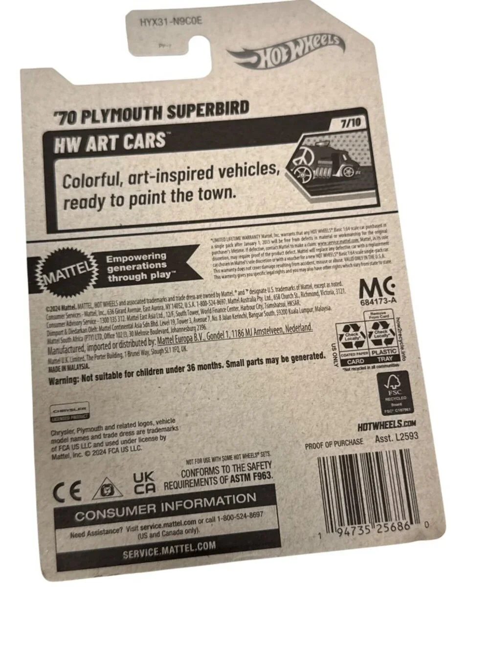 Hot Wheels '70 Plymouth Superbird Yellow Graffiti Art Cars 7/10